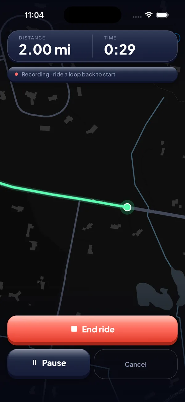 Ride in progress with distance and time
