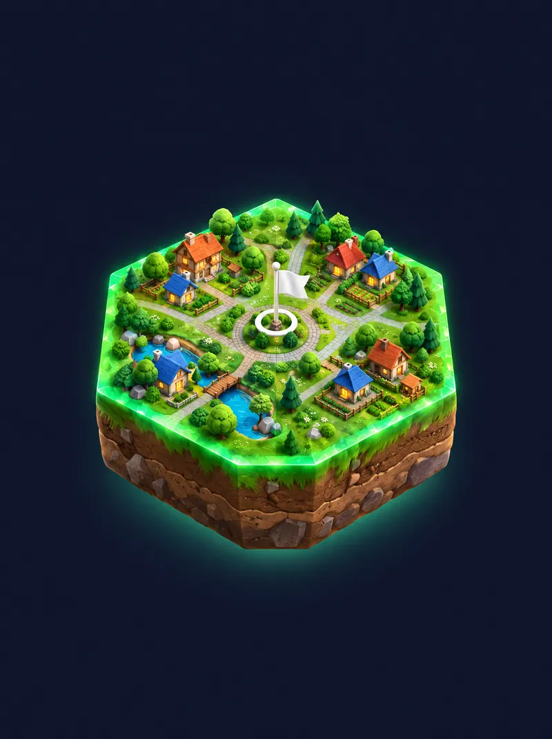 A hexagon of town land with a flag planted in the middle