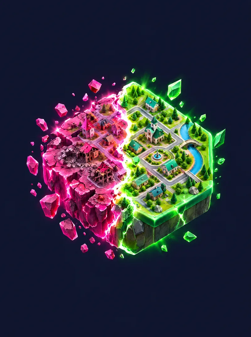A hexagon of land split between pink and green, the green side taking over