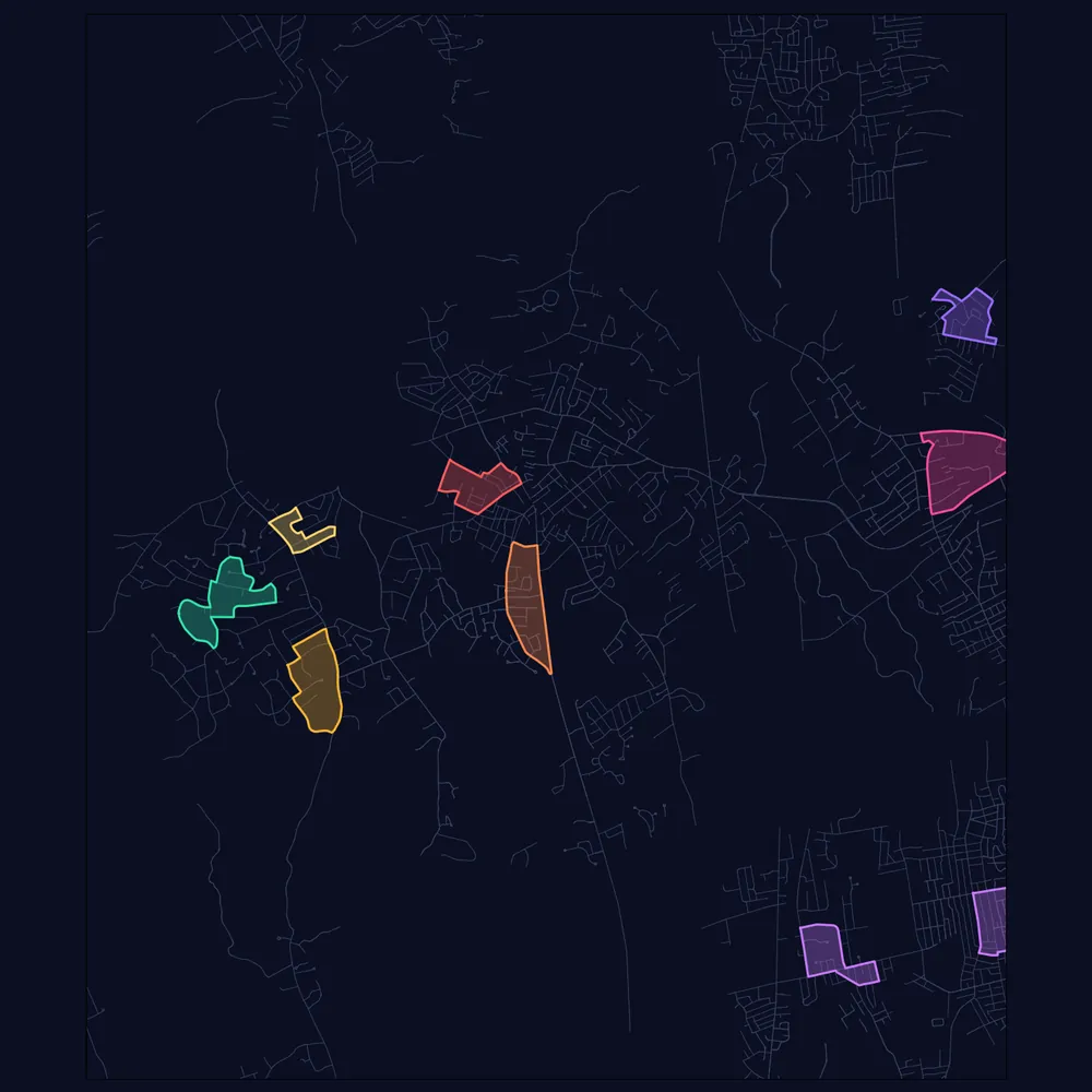 A live map of a town with several riders' territories following real roads